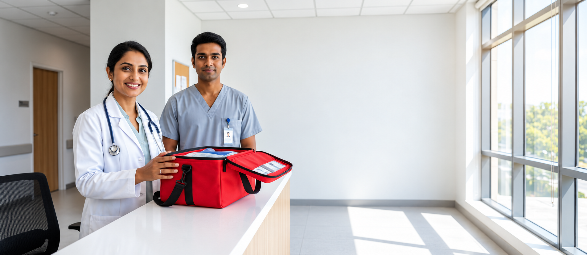 Illustrative doctor and nurse with a red medical bag in a bright clinic